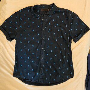Men's Navy Blue Pineapple Print Short Sleeve Button Down Casual Dress Shirt